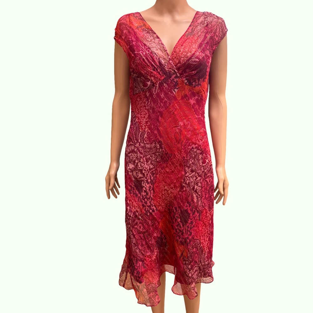 Muse Red V-Neck Silk Sheath Midi Dress Size 10